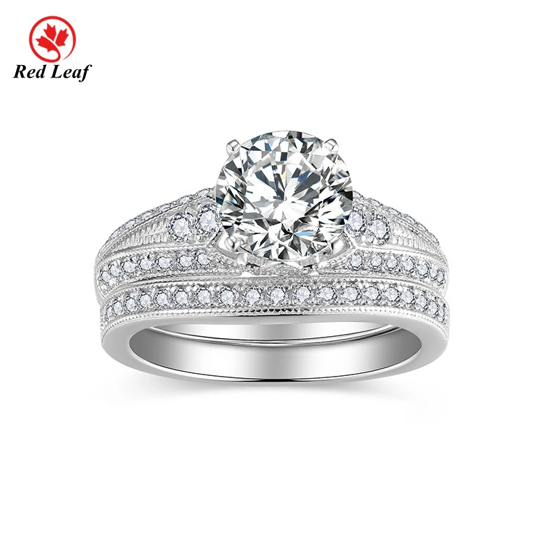 1.5ct Round 925 Sliver 10K 14K 18K White Gold Moissanite Solitaire Ring Set with Pavé Band -Redleaf 1