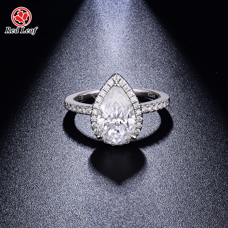 Anillo de compromiso con halo de moissanita pavé de 3 quilates en plata 925 con corte de pera y oro blanco de 10 quilates y 14 quilates - Redleaf 1