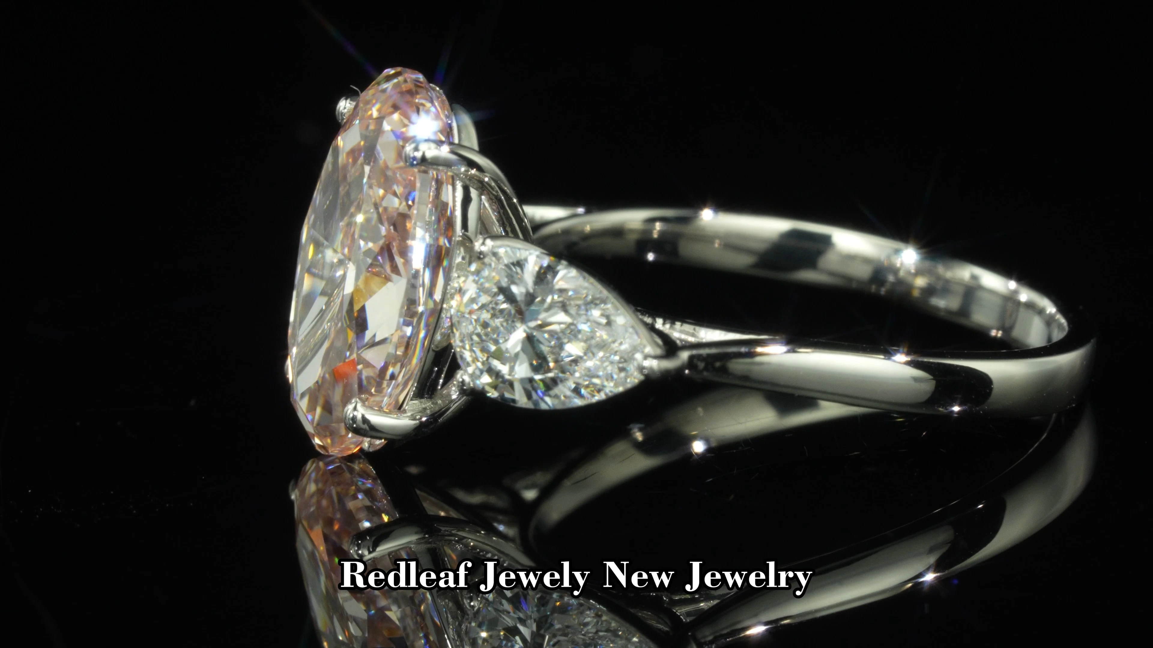 Redleaf IGI Report Three-stone Oval Cut Pear Cut PT950 10K 14K 18K Fancy Vivid Pink Lab Grown Diamond Engagement Wedding Ring 1