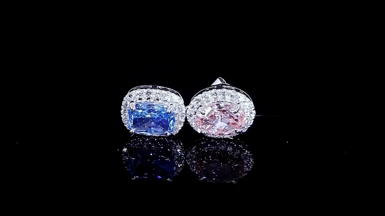 Redleaf Lab Grown Diamond Pink and Bule Color Stud Earrings Cushion Cut and Oval Cut 14K Gold 1