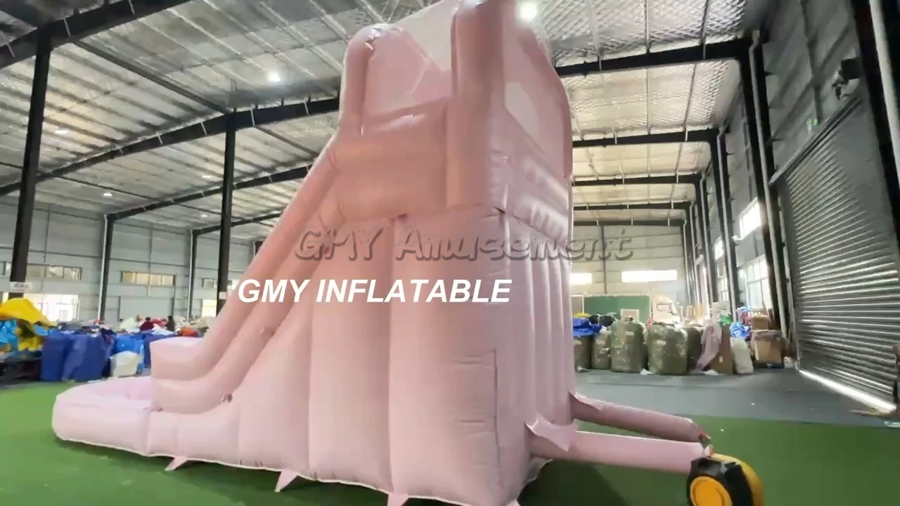 White Bounce House Bouncy Castle Waterslide Pastel Light Pink Inflatable Water Slide with Pool GMY Inflatables 1