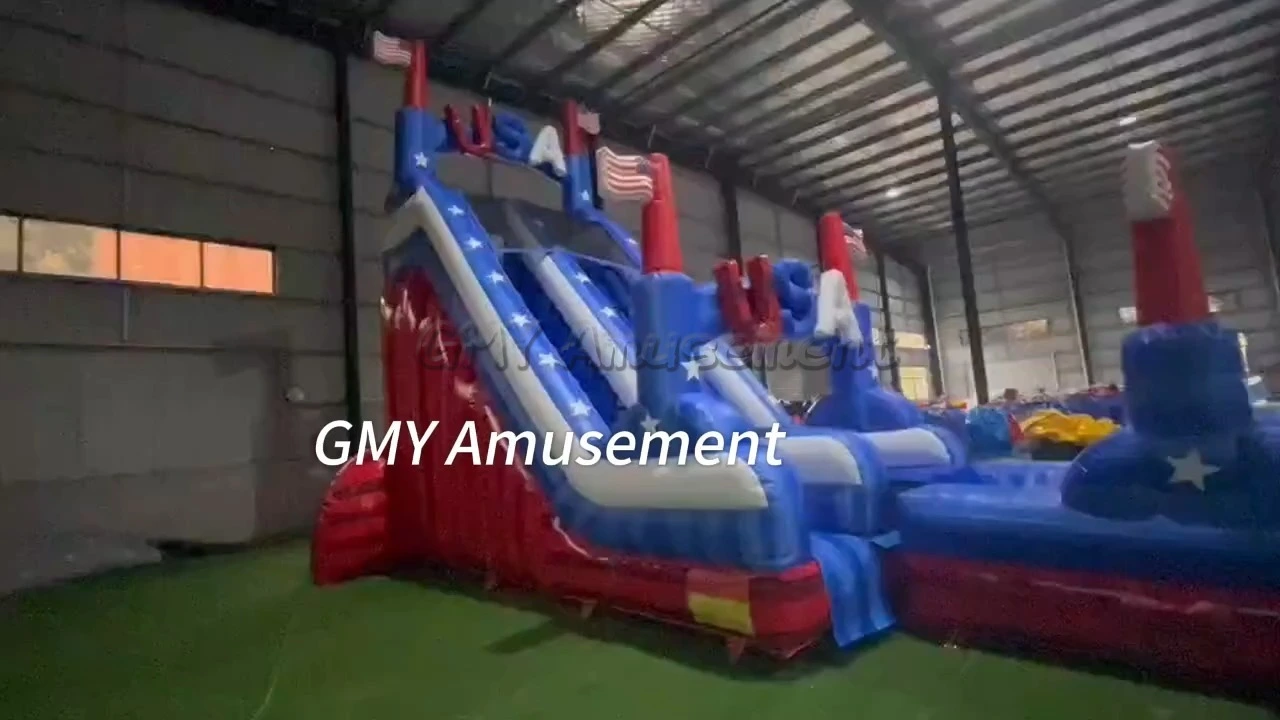 USA Flag Star Blue Red Adults Slip and Splash Water Pool Giant Slide Inflatable GMY Inflatables 1