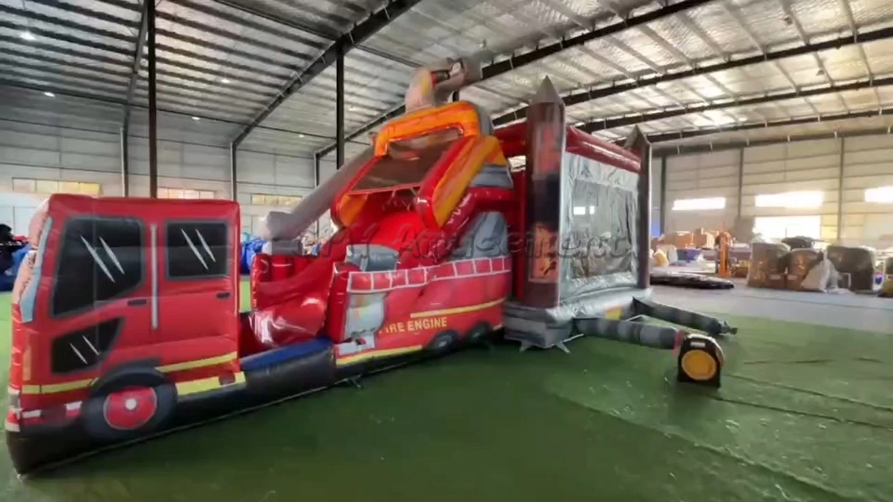 Fire Department Brigade Truck Station Inflatable Bounce House With Slide GMY Inflatables 1