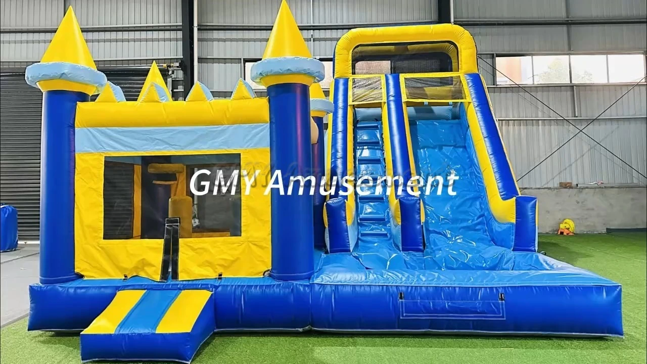 Blue Yellow Commerical Bounce House With Water Slide Pool GMY Inflatables 1