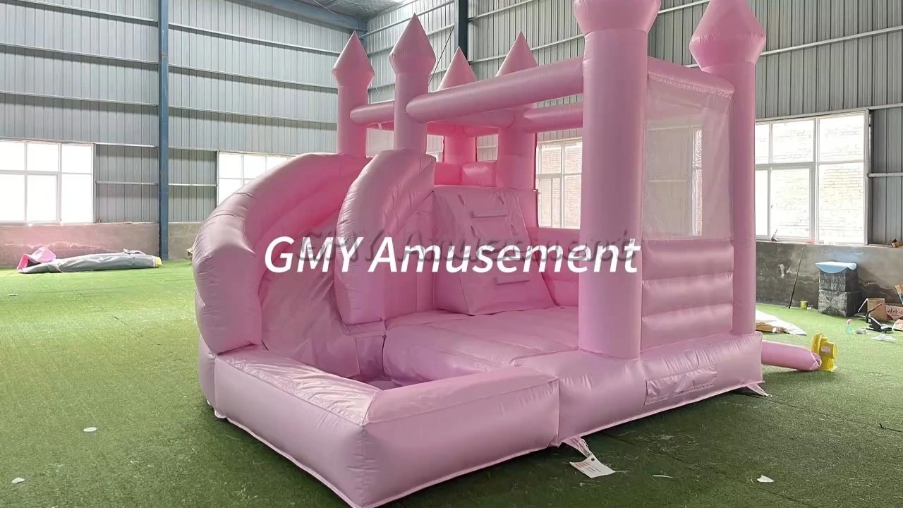 Pastel Pink White Bouncy Castle Bounce House With Slide And Pit GMY Inflatables 1