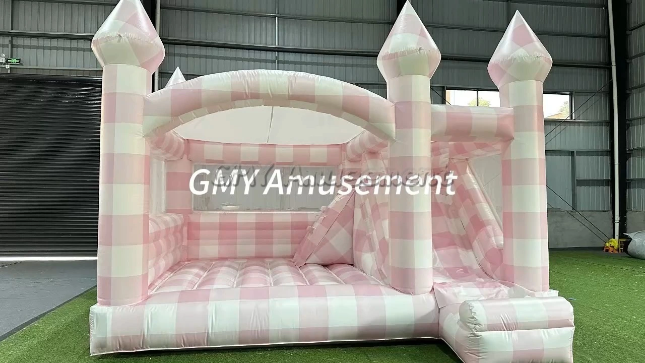 Pink White Checkered White Inflatable Bounce House With Slide GMY Inflatables 1
