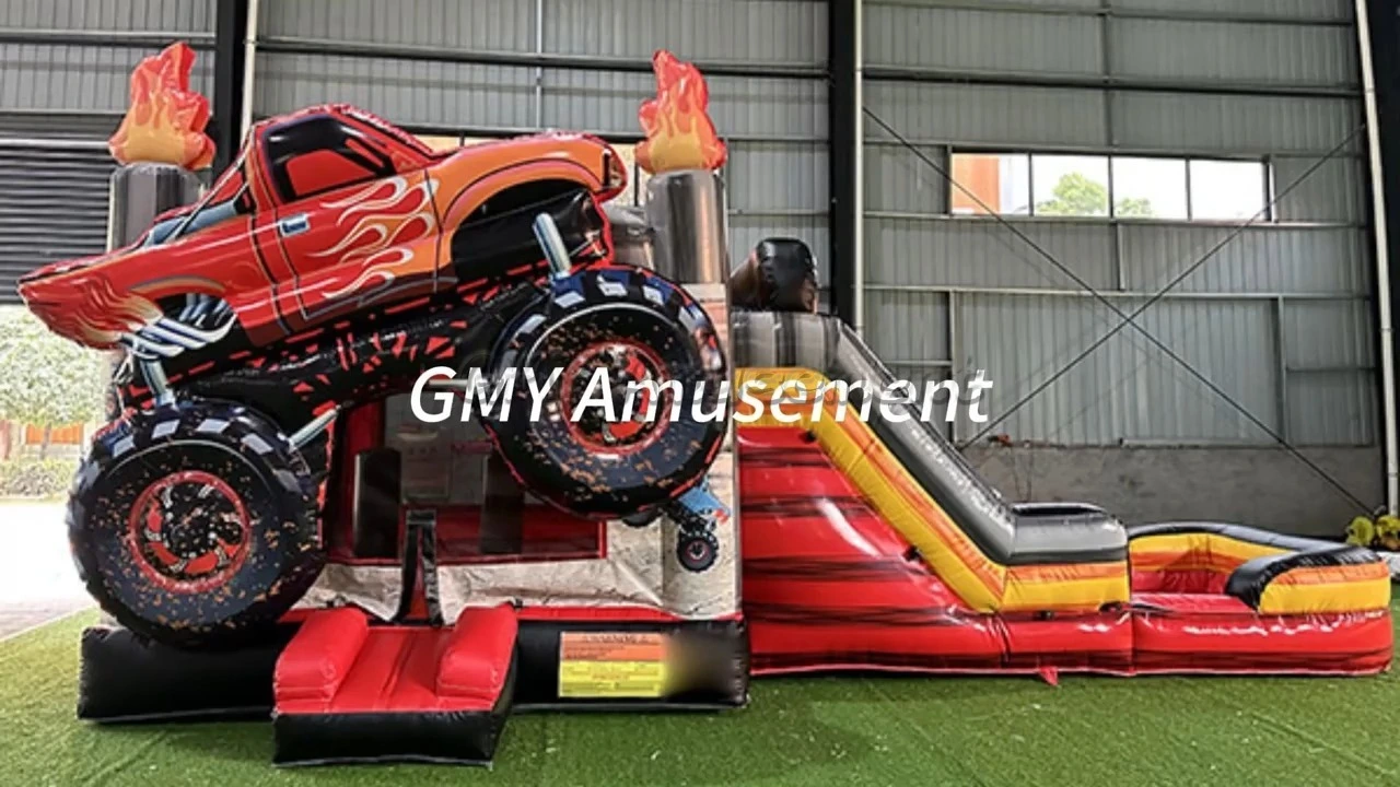 Monster Truck Fire Bouncy Castle Combo Water Slide Bounce House GMY Inflatables 1
