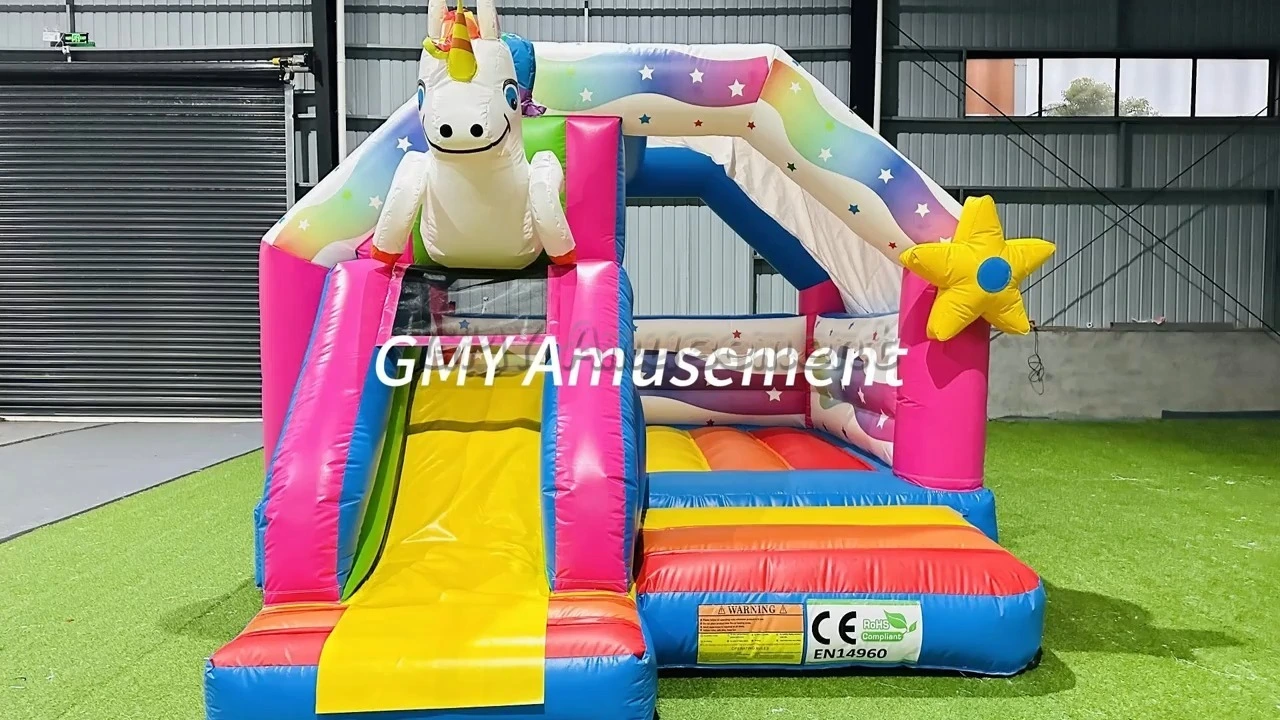 Colorful Rainbow Unicorn Bouncy Castle Inflatable Bounce House With Slide GMY Inflatables 1