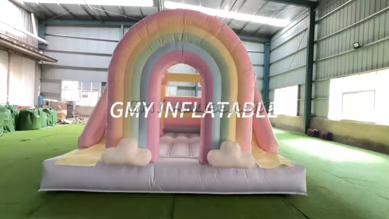 Commercial Pastel Rinbow Bounce House Playground With Doubele Lane Slide for Kids GMY Inflatables 1