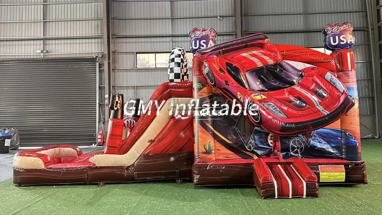 Aufblasbare Outdoor-Hüpfburg mit Rennwagen und Wasserrutsche (Kombination) von GMY Inflatables 1