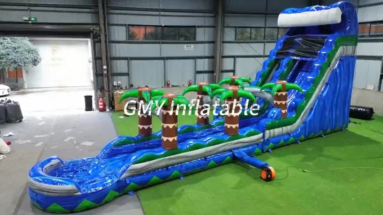 Gewerbliche blaue PVC-Wasserrutsche, aufblasbarer Wasserpool mit Palmenbaumrutsche für Erwachsene, GMY Inflatables 1
