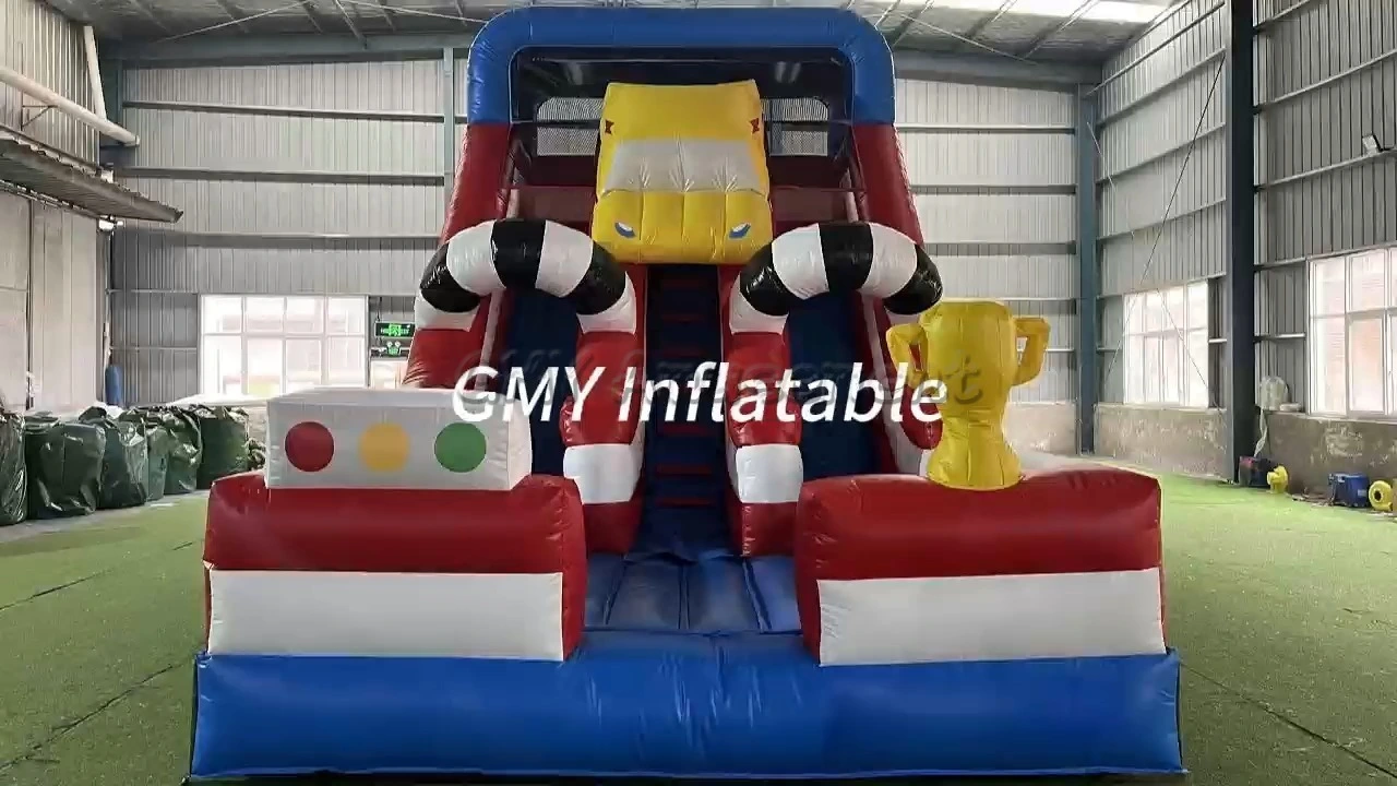 Blue Red City Race Car Inflatable Dry Double Lane Slide Bouncer Combo for Sale GMY Inflatables 1