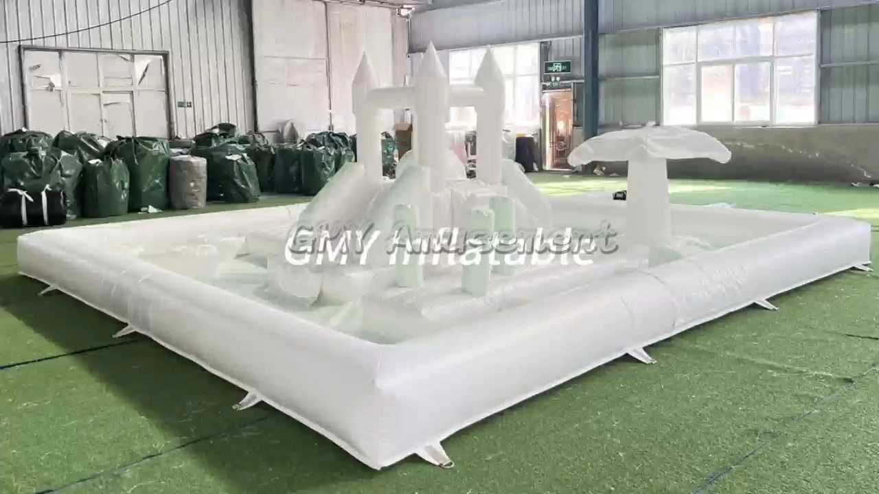 Backyard Splash Pads Water Obstacle Course Mint Green Bounce House with Pool Slide GMY Inflatables 1