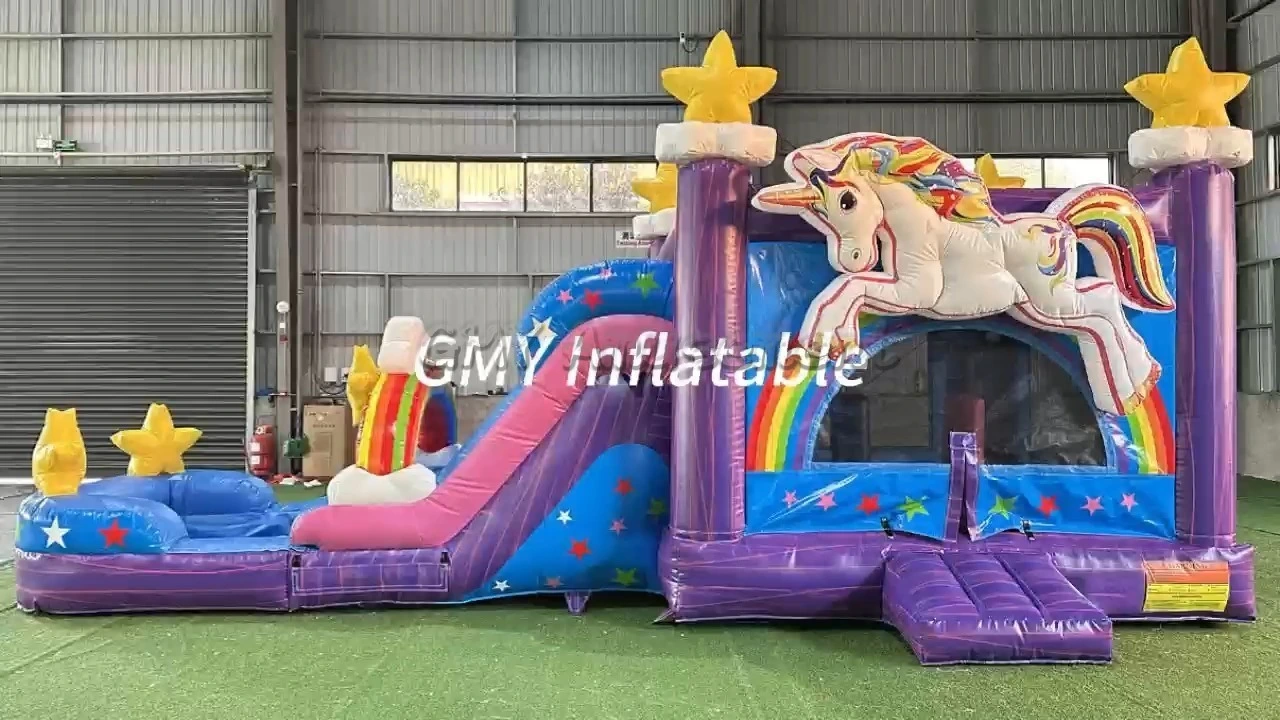 Hüpfburg mit Einhorn-Motiv in Lila und Blau mit Rutsche – ideal für Partys und Events – GMY Inflatables 1