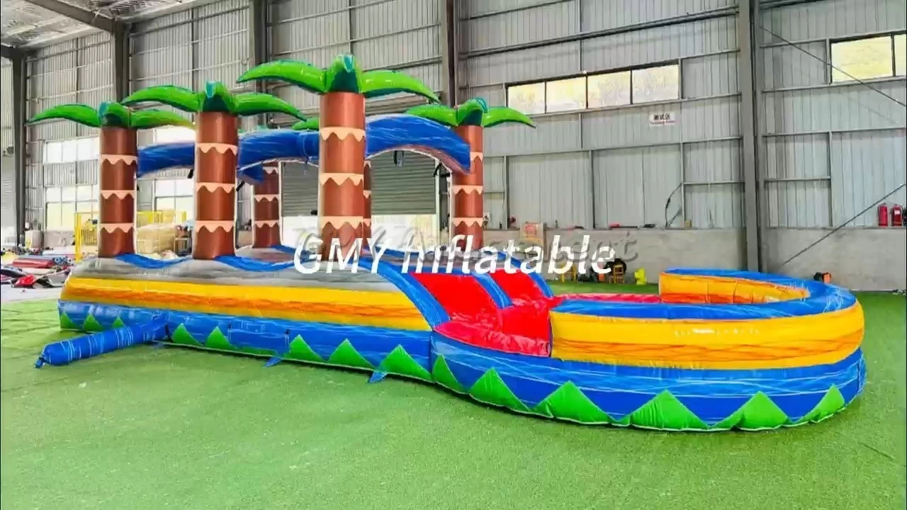 Tobogán inflable con forma de palmera, tobogán acuático inflable de doble carril con piscina, GMY Inflatables 1