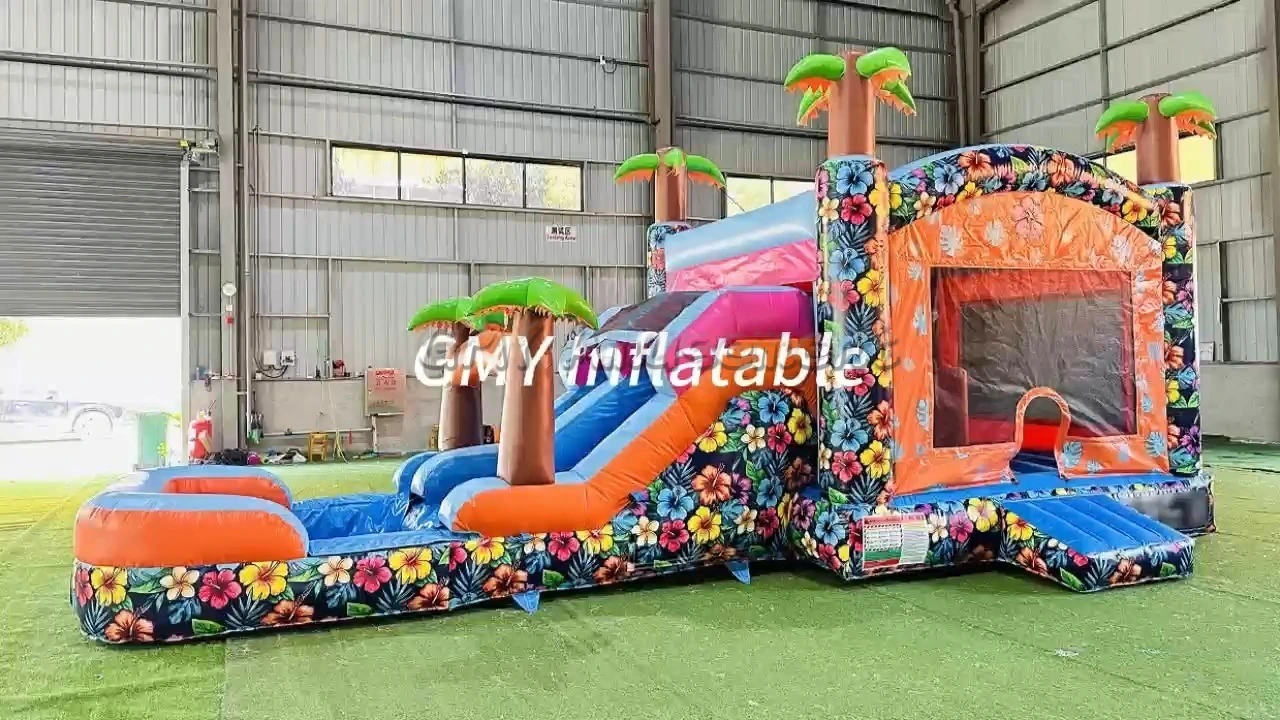 Château gonflable avec toboggan et piscine, style floral, GMY Inflatables 1