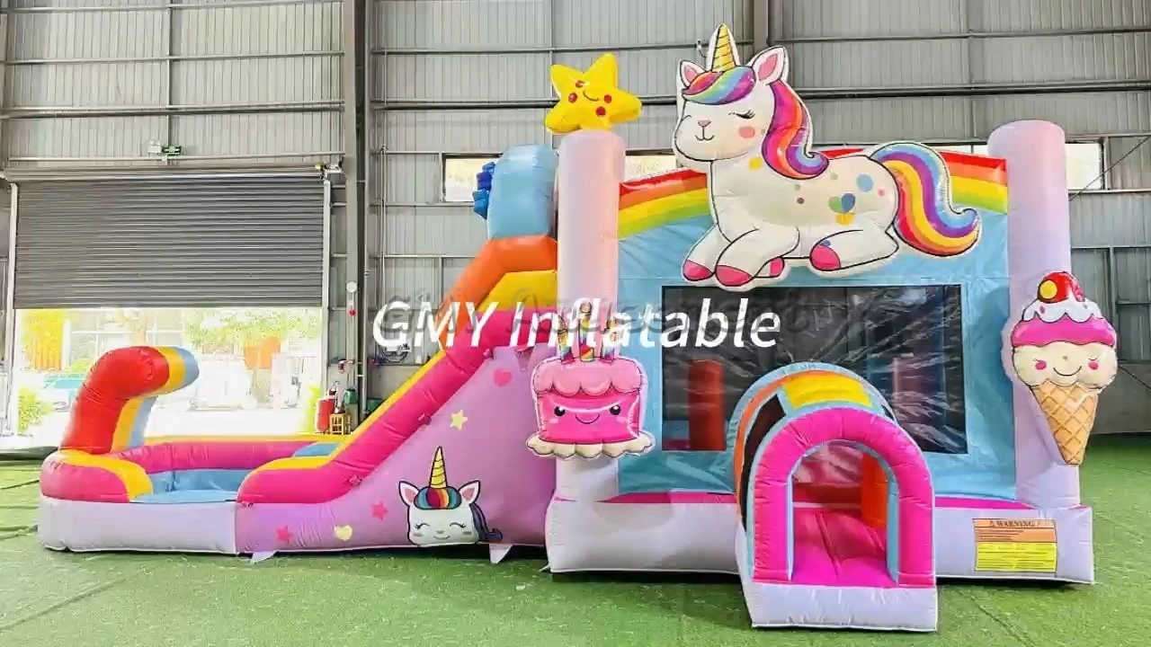 Castillo hinchable inflable de unicornio arcoíris con tobogán acuático GMY Inflatables 1