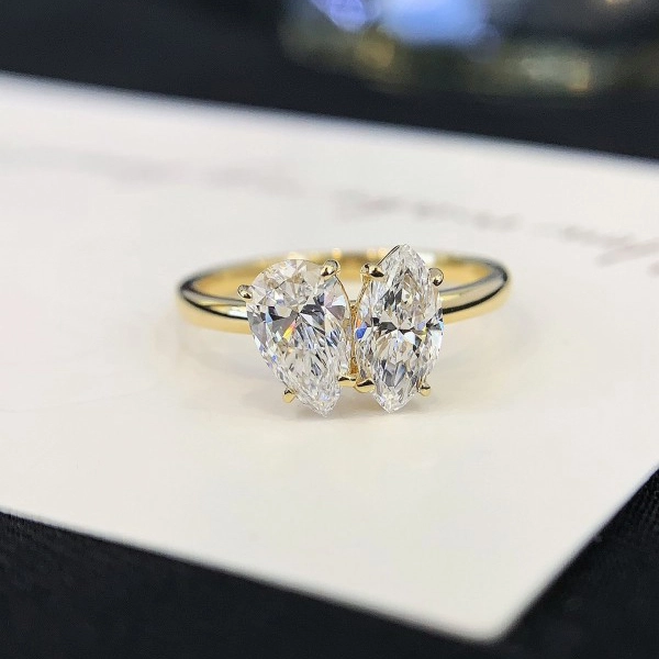 Engagement Jewelry Women 6.5mm Yellow Gold vs Lab Diamond  Pear and Marquise Cut Two Stone Wedding Ring 1