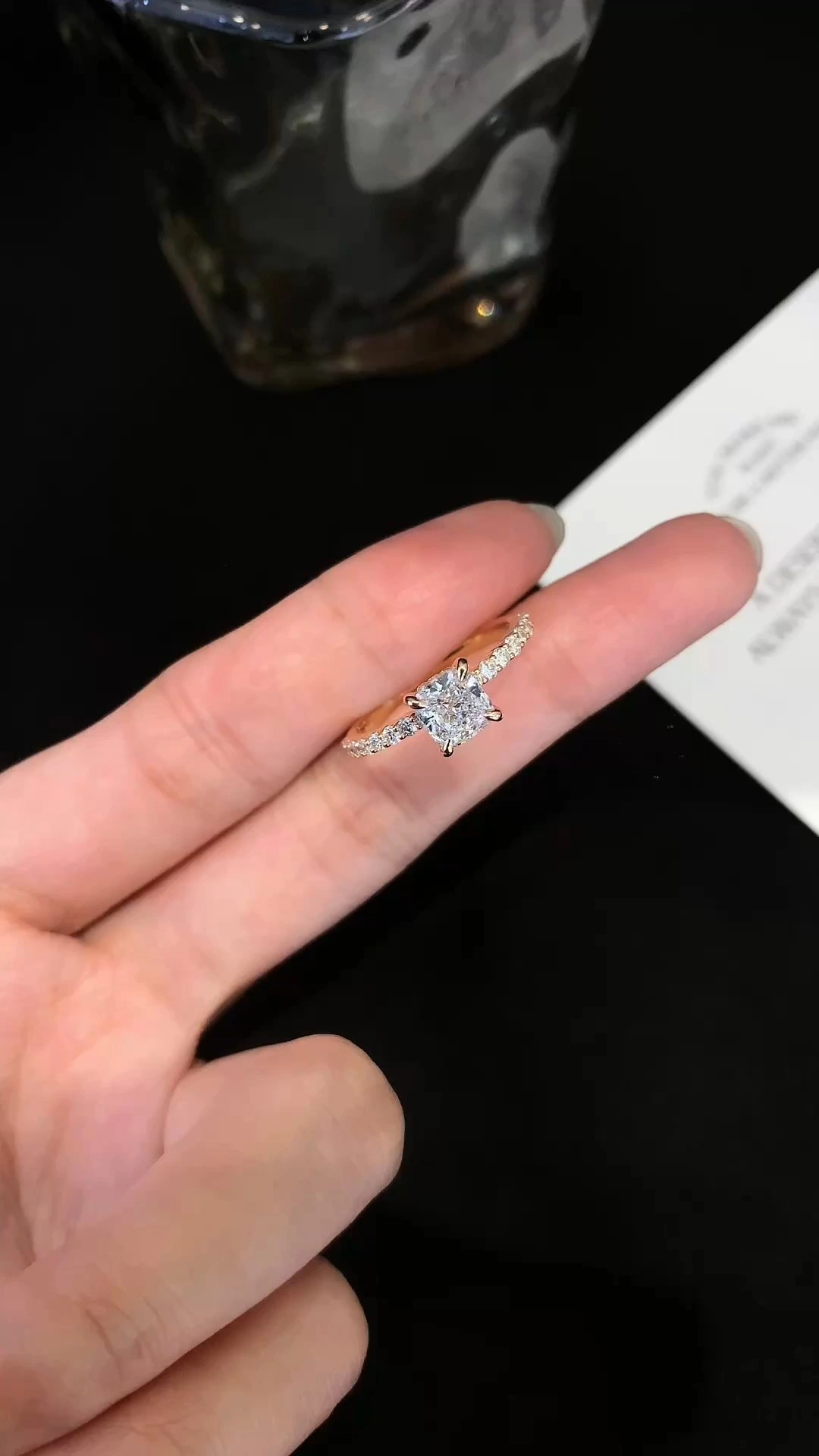 Custom Jewelry 18K Yellow Gold Cushion Cut Lab Grown Diamond Ring with Melee Lab Diamond Side stone for Women 1