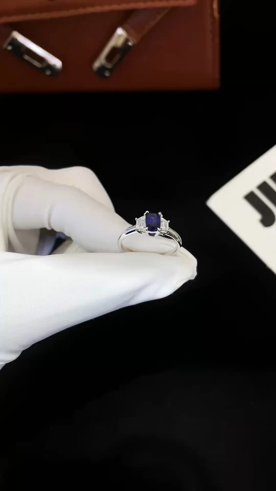 18K White Gold Lab Grown Sapphire Three-Stone Ring, Royal Blue Cushion Cut Sapphire Ring 18K Gold Lab Grown Sapphire Wedding Ring 1