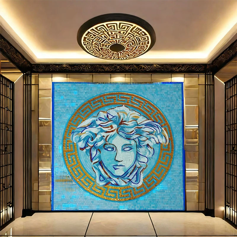 1000x1000mm Modern Square Glass Mural Swimming Pool Goddess Medusa Medallion Mosaic Wall Art round Tile Design Style 1