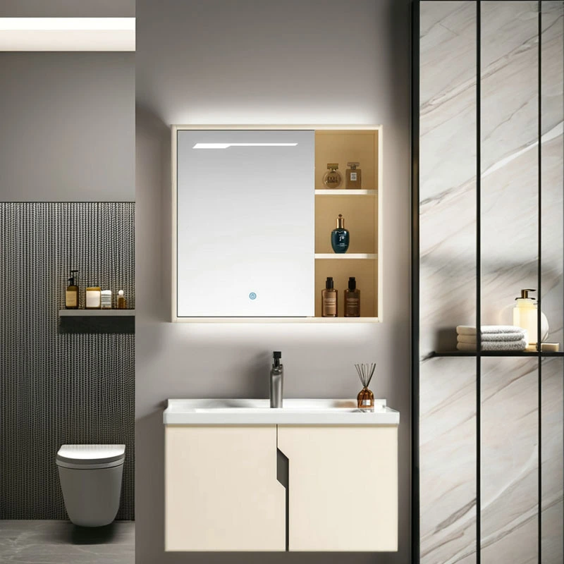 600,700,800,900mm,1000mm crame color Foshan Modern Bathroom Cabinets with LED Mirror Wooden Furniture floating vanity bathroom 1