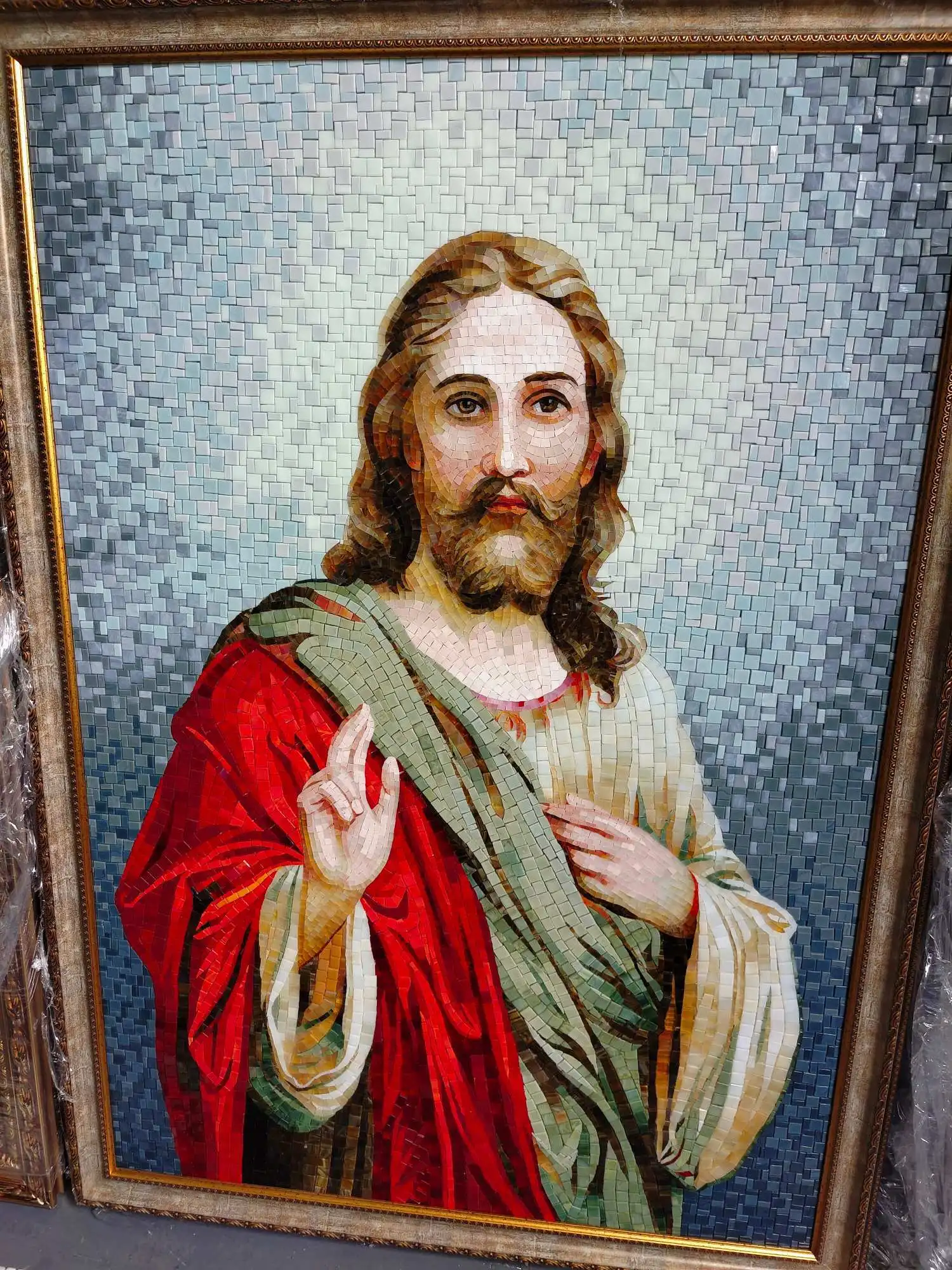 Jesus Christ Blessing Colored Glass Mosaic Art – Precision-Cut European-Style Accent Wall for Foyers, Entryways & Living Rooms 1