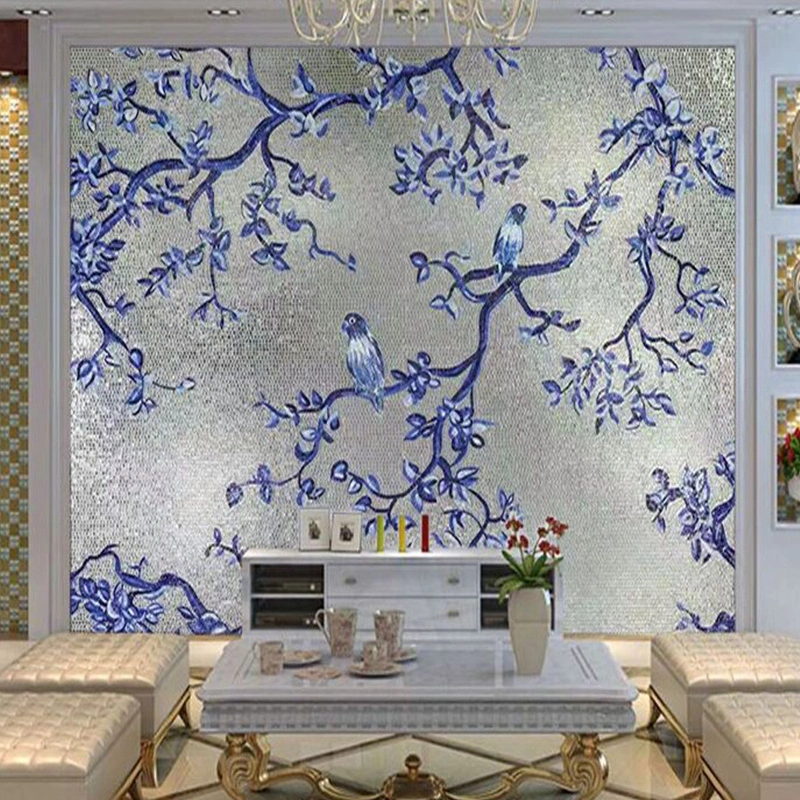 Blue Branches & Perched Birds | mosaic mural | Custom Size 1