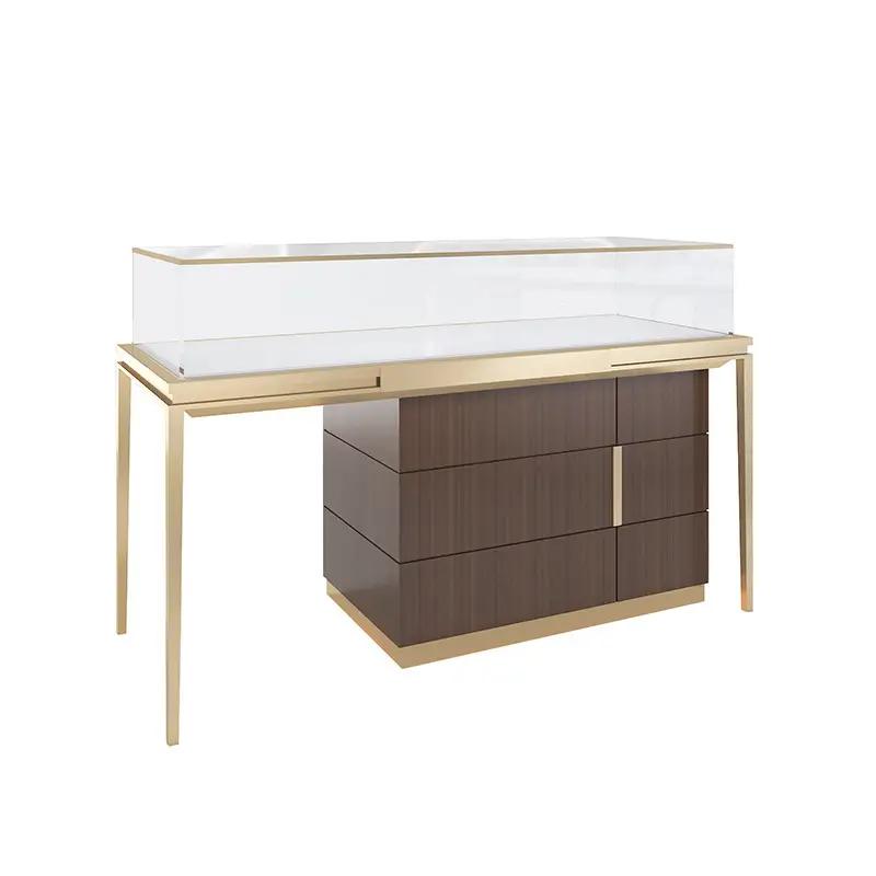 Comptoir de vente de bijoux sur mesure, finition bois et or 1