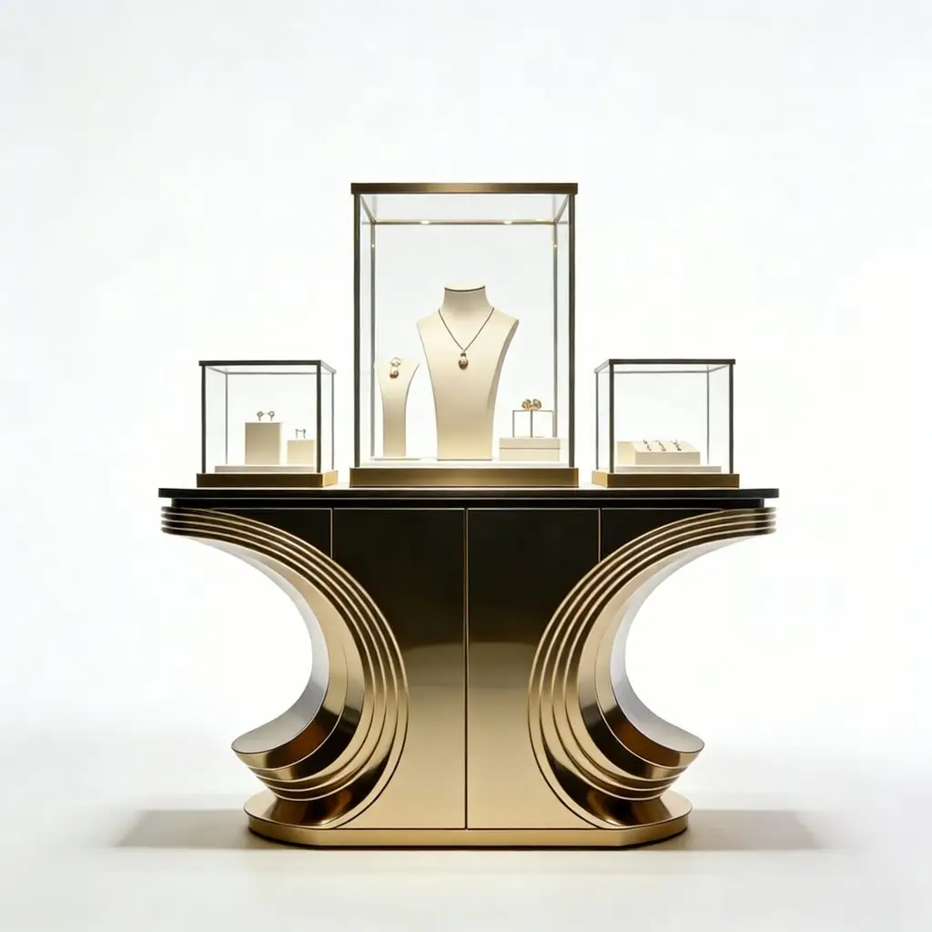 Sculptural Champagne Gold Tiered Jewelry Island Showcase 1