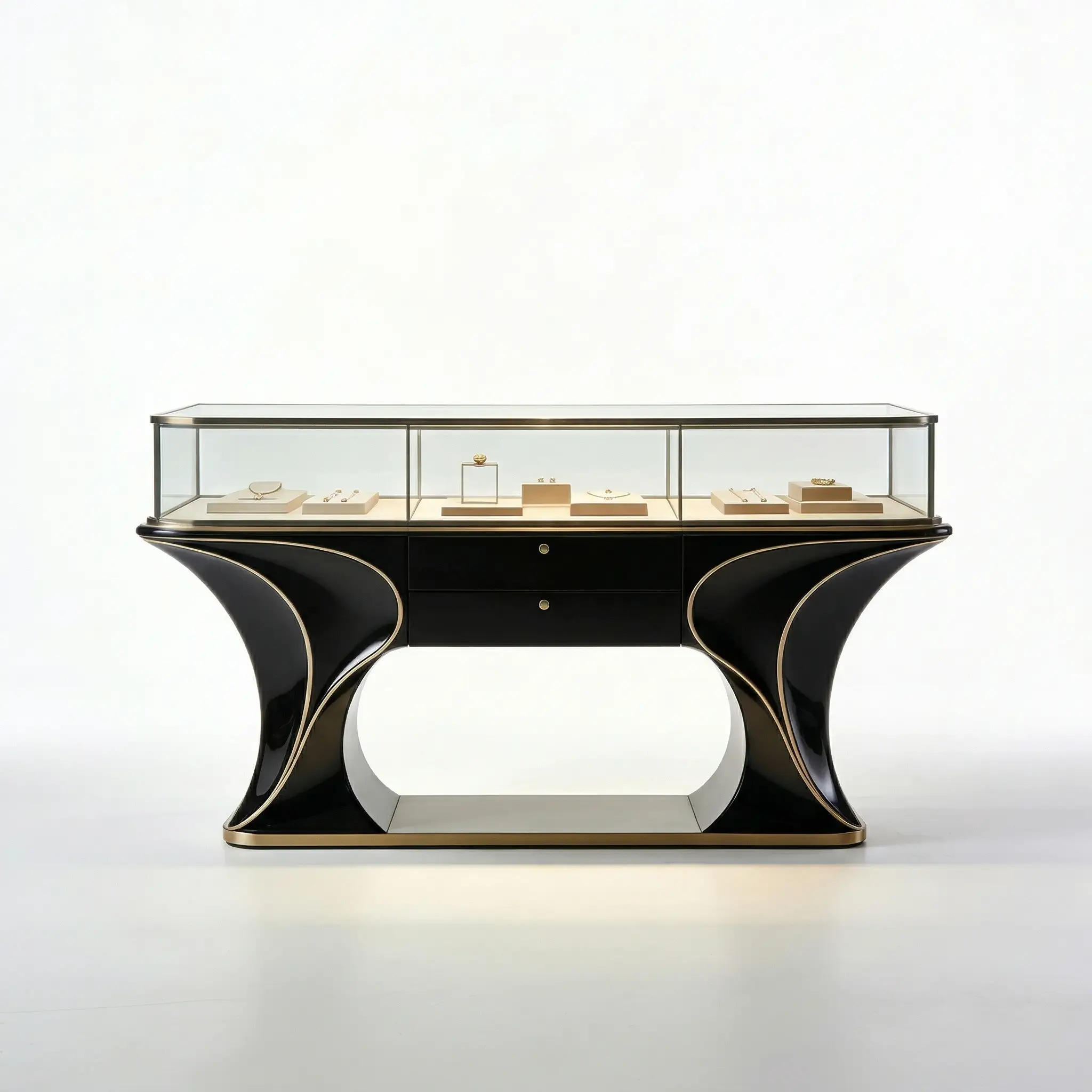 Vitrine à bijoux îlot de style pont, finition laquée noir piano de luxe 1