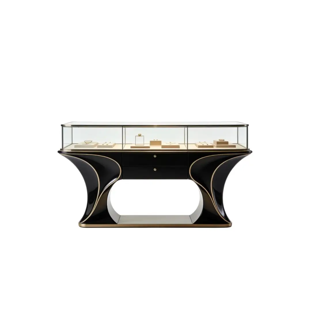 Vitrine à bijoux îlot de style pont, finition laquée noir piano de luxe 1