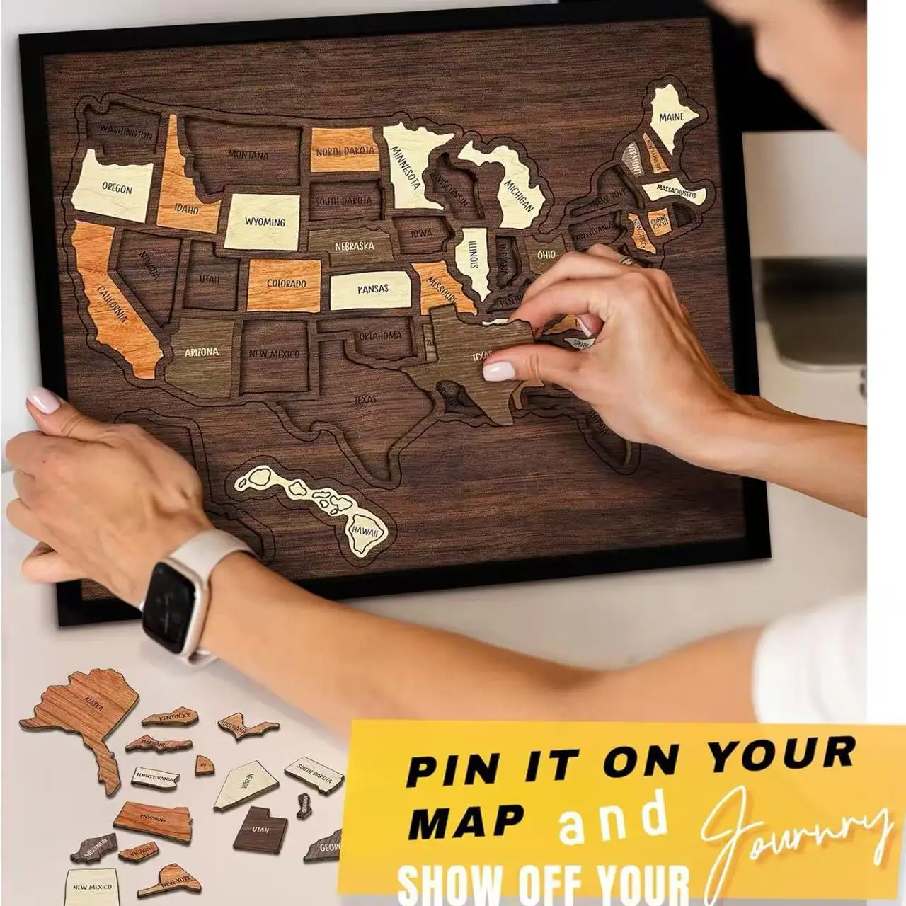 Rompecabezas de madera personalizado con mapa de EE. UU. | Arte mural para viajeros y rompecabezas educativo 1