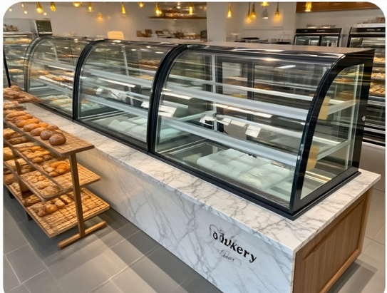 Витрина для выпечки Kaesid из изогнутого стекла | Холодильная витрина для кондитерских изделий 7
