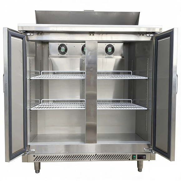 Refrigerador comercial Kaesid com duas portas para balcão | Combinado de freezer em aço inoxidável com altura de bancada 5