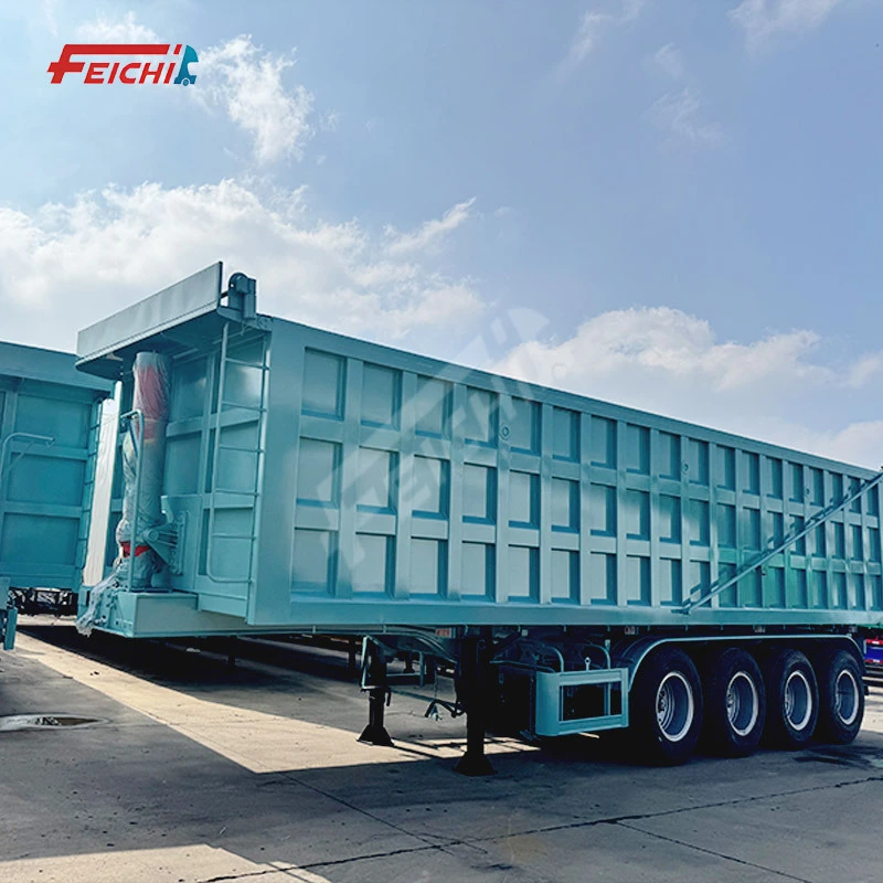 Semirreboque basculante traseiro azul de 4 eixos, 80 toneladas, com sistema hidráulico, para transporte de carvão e cascalho. 1