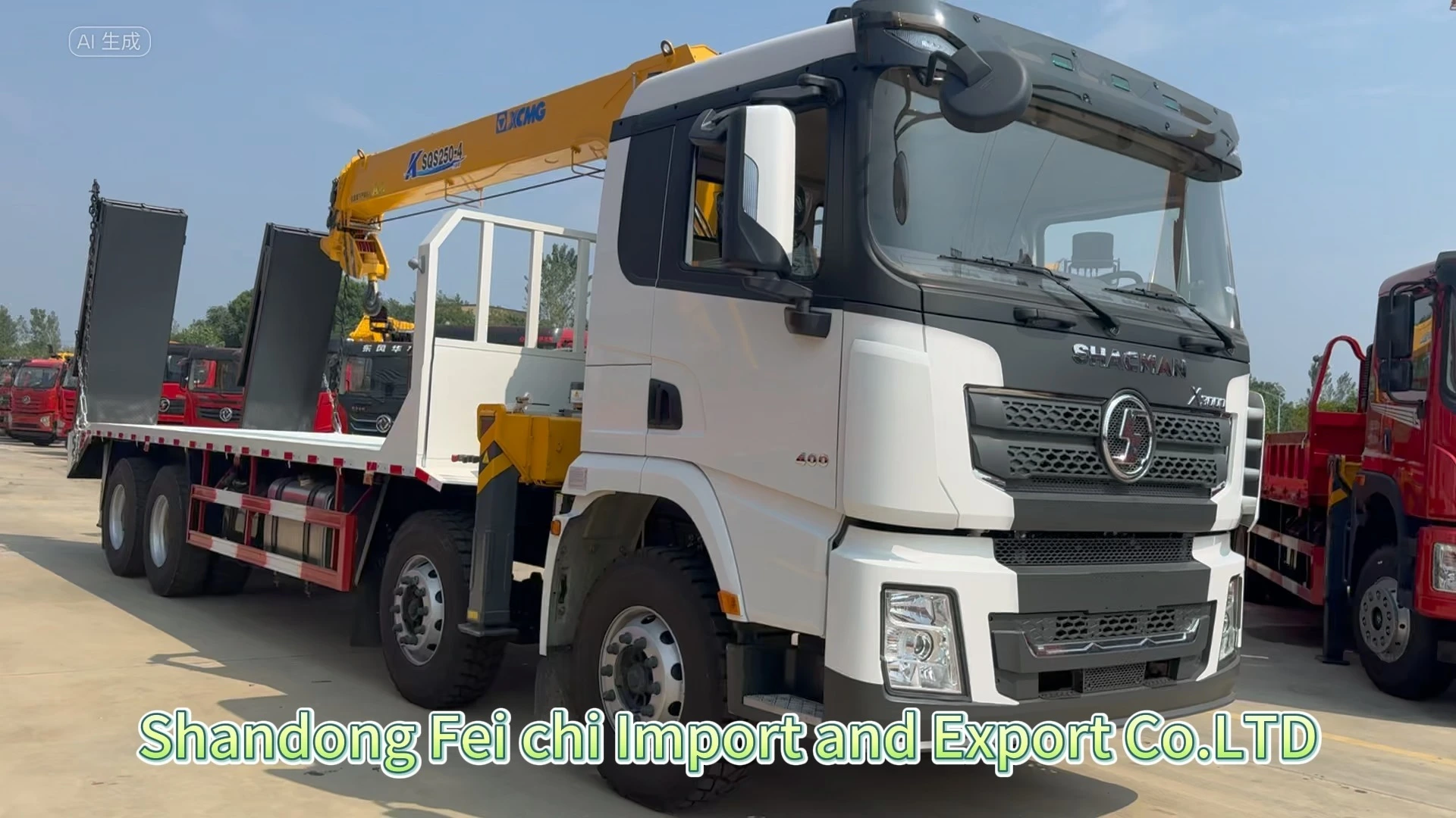 Shacman X3000 8x4 Lowbed Flatbed Truck Heavy-duty Straight Arm Crane for Construction Machinery Transport & Hoisting 1