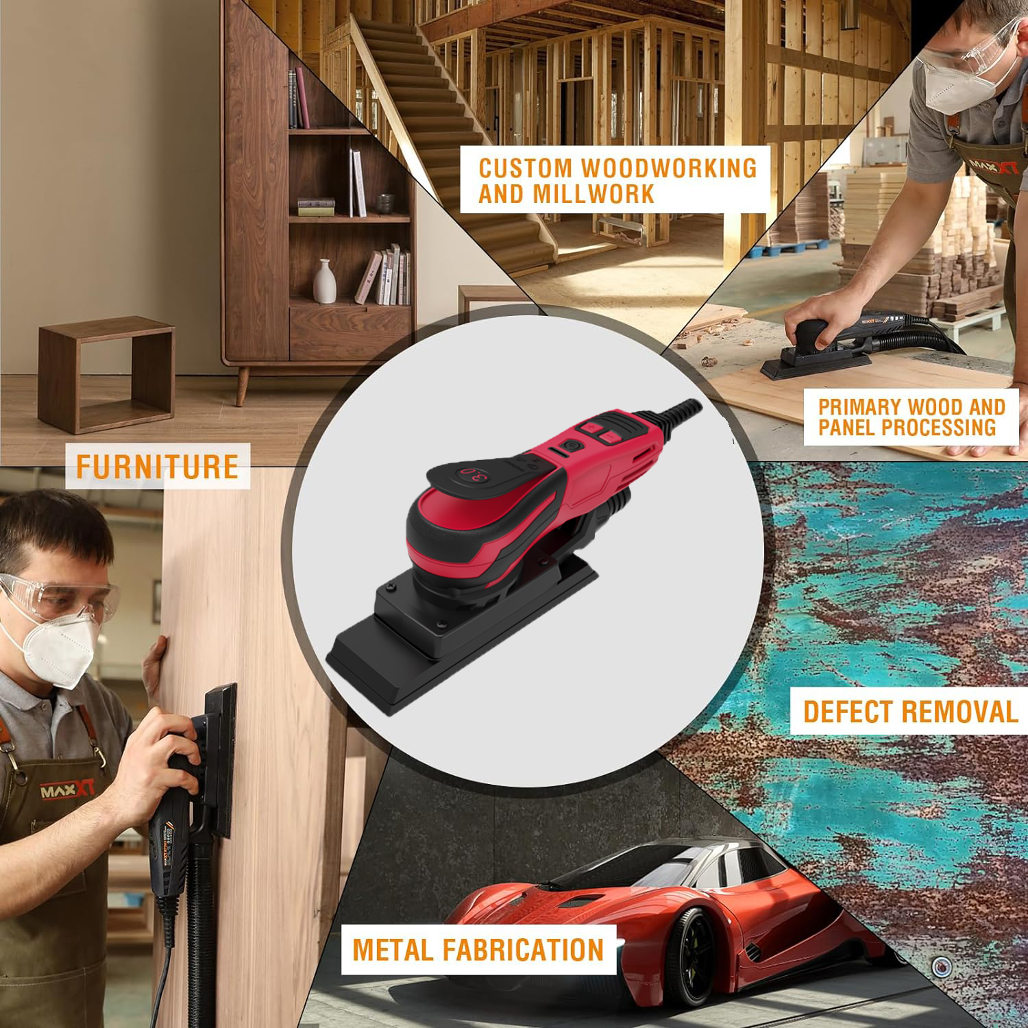 TEKWAY Brushless Sheet Sander Electric 3mm Orbital 350W Multi-function 10000RPM Variable Speed Corded Orbital Sanders 6