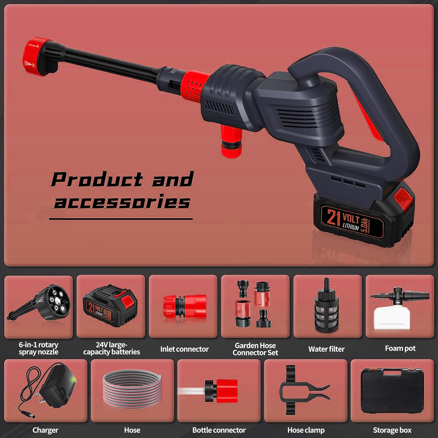 Cordless Pressure Washer, 970PSI Portable Power Washer with Rechargeable 4.0Ah Battery 6-in-1 Nozzle Tekway 6