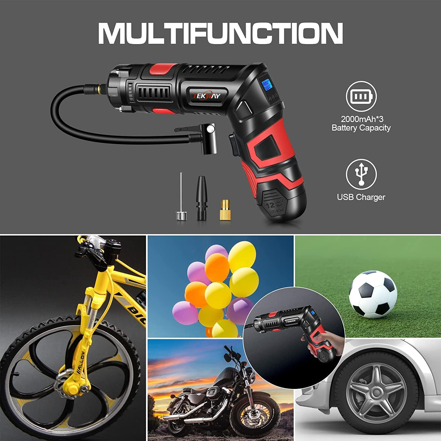 TEKWAY Lithium battery multi-functional folding air pump home car portable air pump manufacturers From China 12