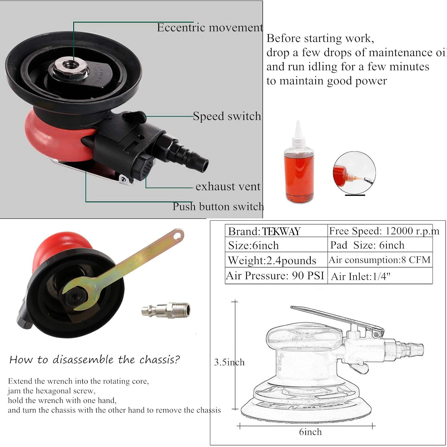Pinakamahusay na Propesyonal na Air Random Orbital Sander Heavy Duty Dual Action Pneumatic Palm Company - Tekway 7
