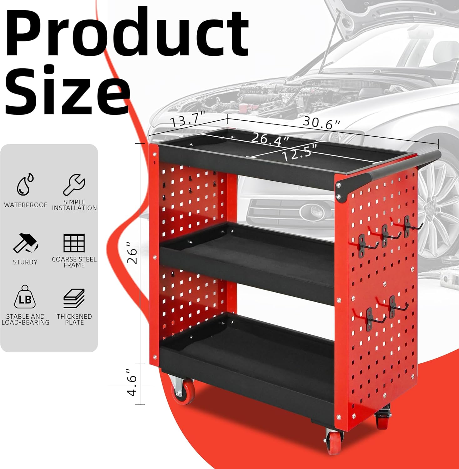 Rolling Tool Cart on Wheels, 660LBS Load Capacity Heavy Duty Utility Cart with Pegboard, for Repair Shop-1743399930182795 3
