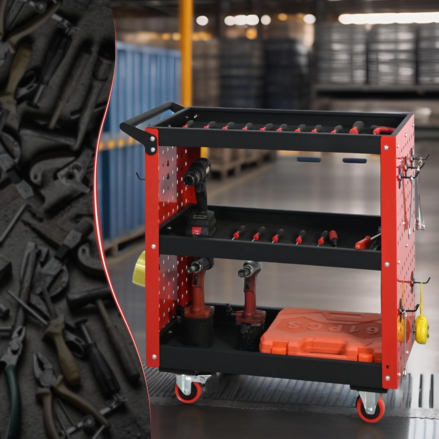 Rolling Tool Cart on Wheels, 660LBS Load Capacity Heavy Duty Utility Cart with Pegboard, for Repair Shop-1743399930182795 4