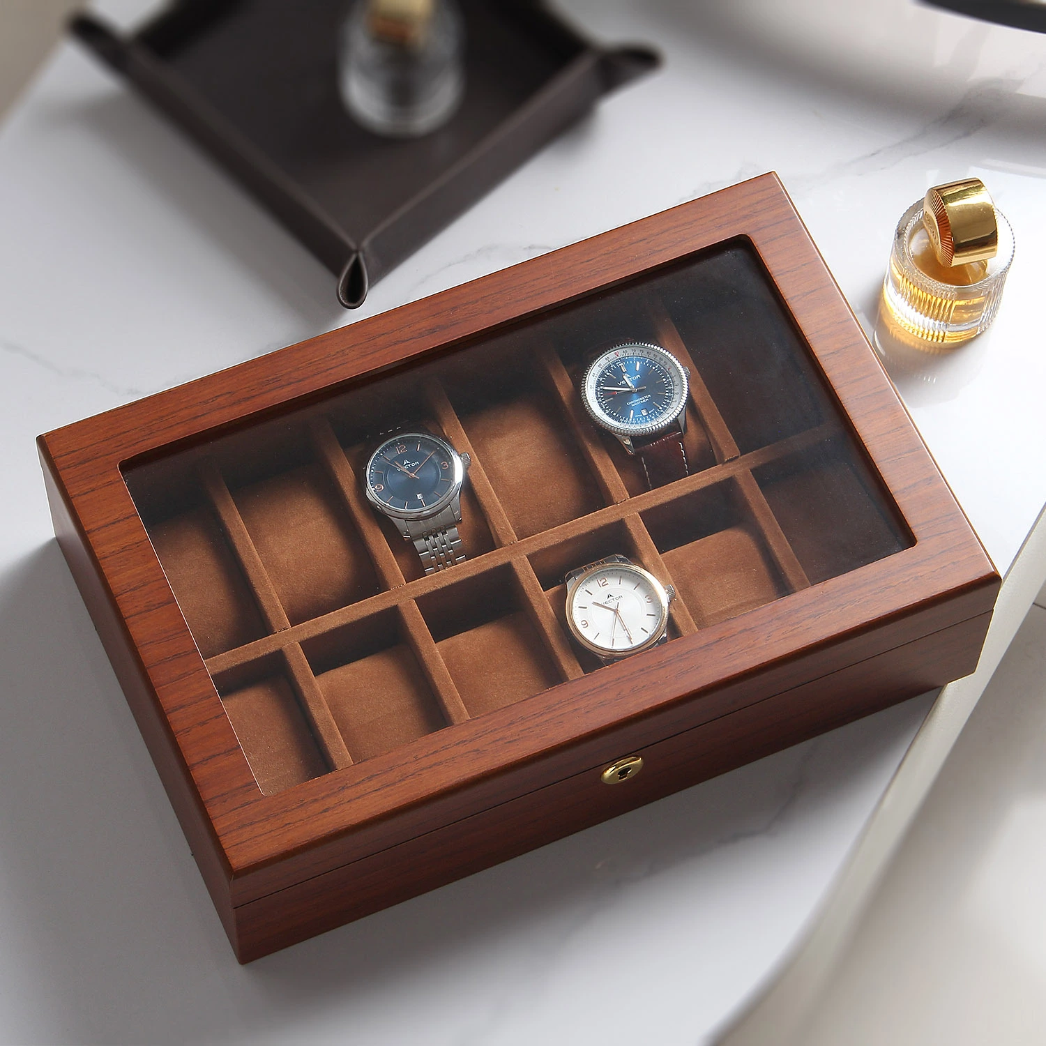 12 Slots Teak Grain Wood Watch Organizer Case Display Box With Suede Cushion Wooden Grain Watch Box case for Men 1