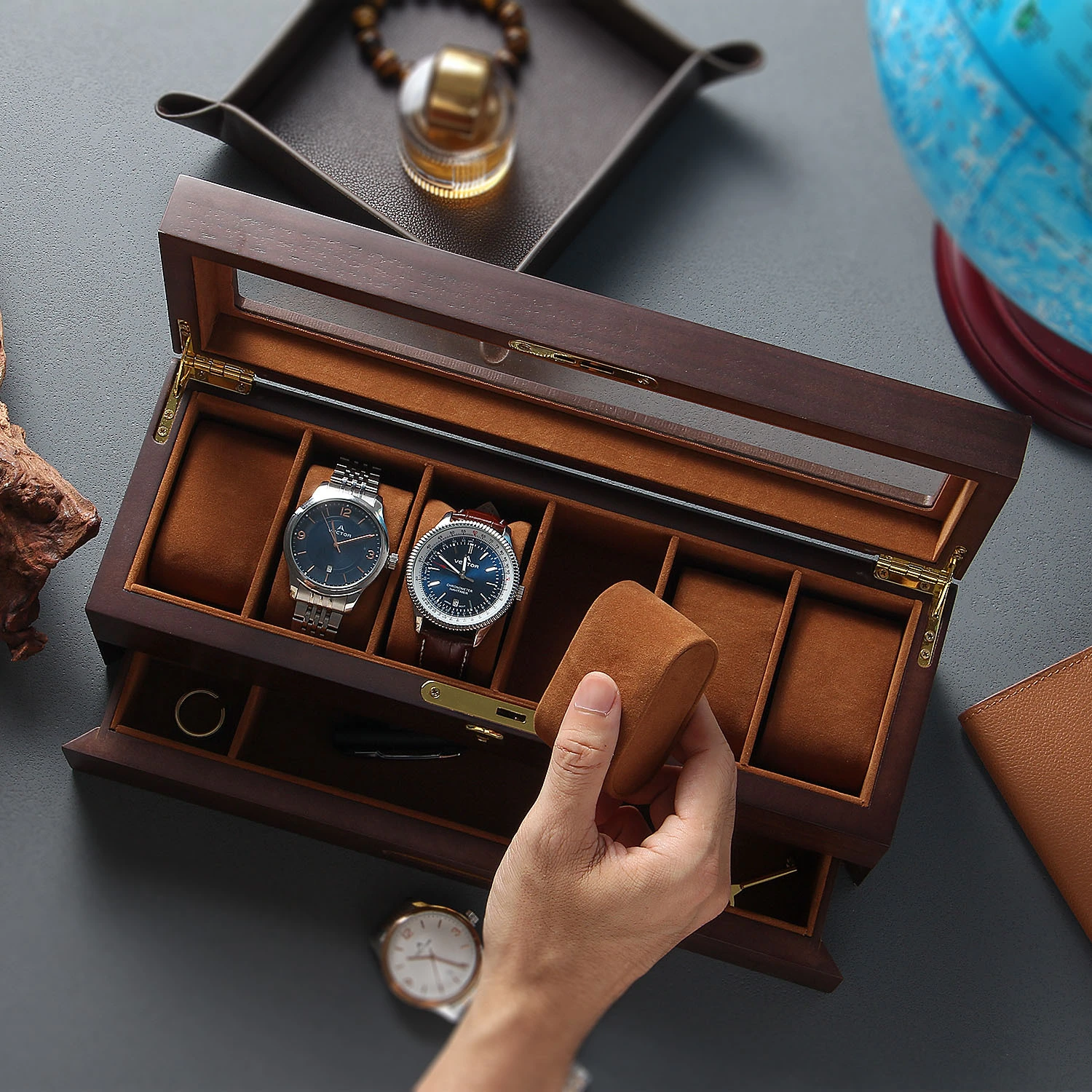 Étui de montre en bois en noix pour hommes, 6 fentes pour hommes avec tiroir, boîtier d'affichage de montre à 2 couches, organisateur de porte-greffe, bijoux et rangement de montre 1
