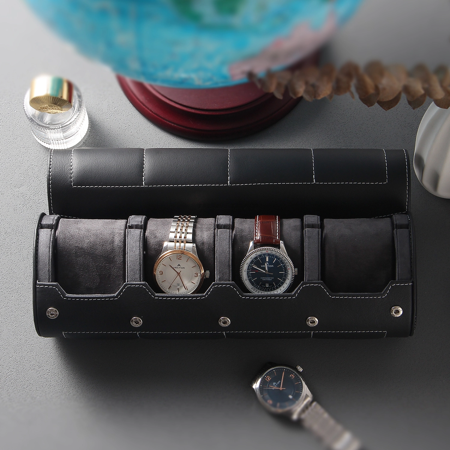 Étui à rouleau de montre en cuir sur le logo pour 3 montres 1