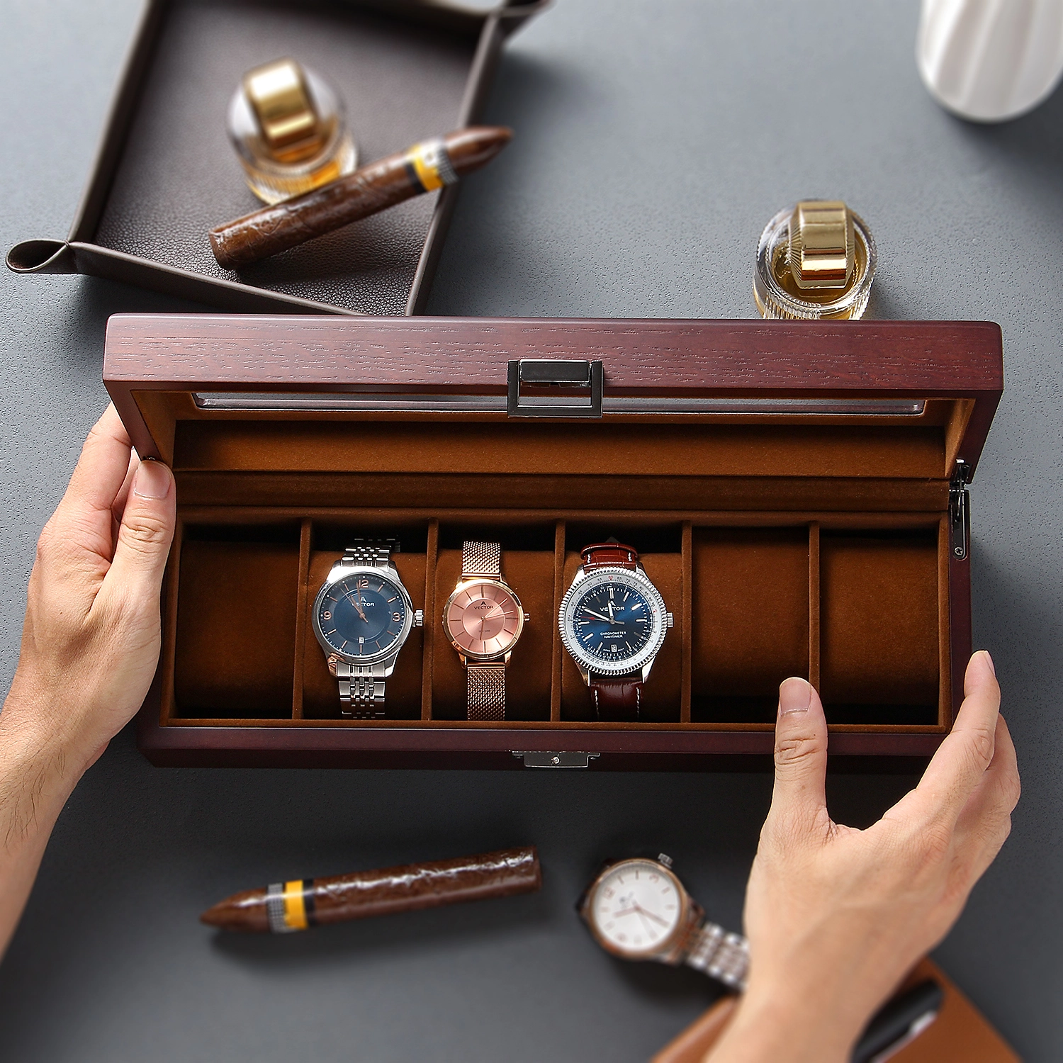 Walnut Wooden Watch Case for Men ، 6 Slot Mens Watch Box ، 6 Watch Holder Organizer 1