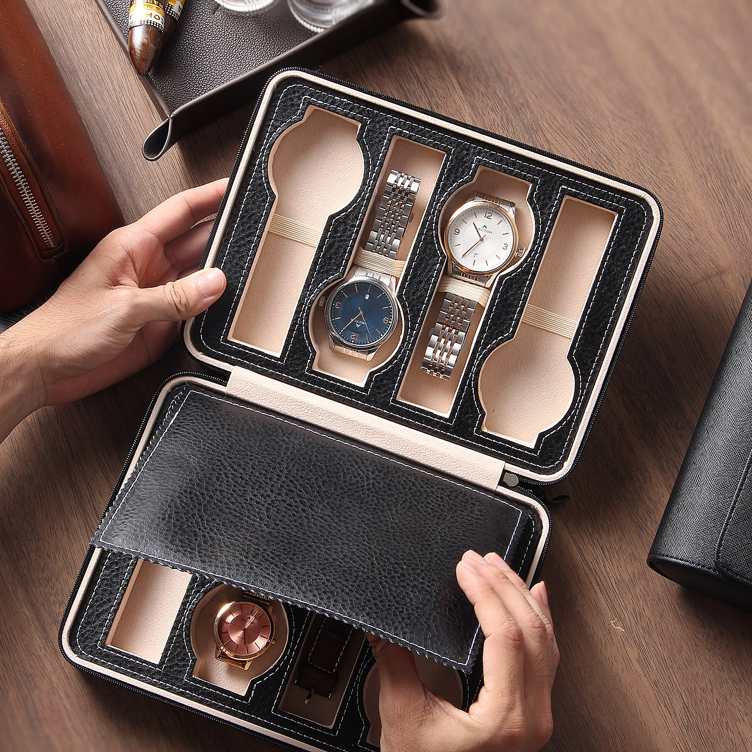 Étui de rangement carré à 8 compartiments pour montres, étui de voyage pour hommes, organisateur de luxe 1