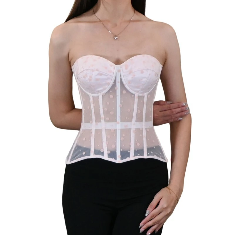 Fashion Corset Top with Dotted Tulle and Back Lace-Up 1
