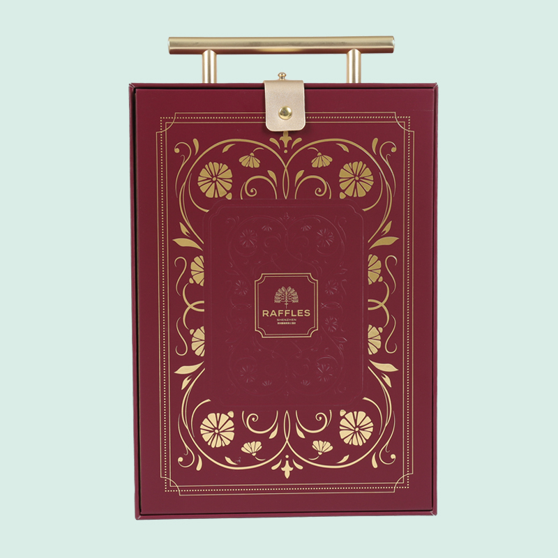 Customized luxury gift box with gold metal handle and leather button lock way from Ipack 1